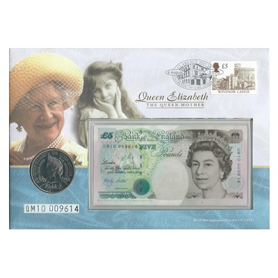 2000 £5 Note and Five Pound Coin (PNC) - Queen Mother 100th